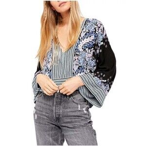 Free People XS/TP Mix n Match Blue Floral Stripe Kimono Pullover Blouse Top